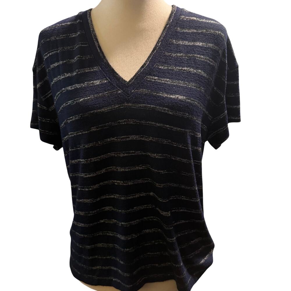 Rag & Bone The Knit Stripe V-Neck Tee, Navy Black, Women's Size Medium - Picture 2 of 9